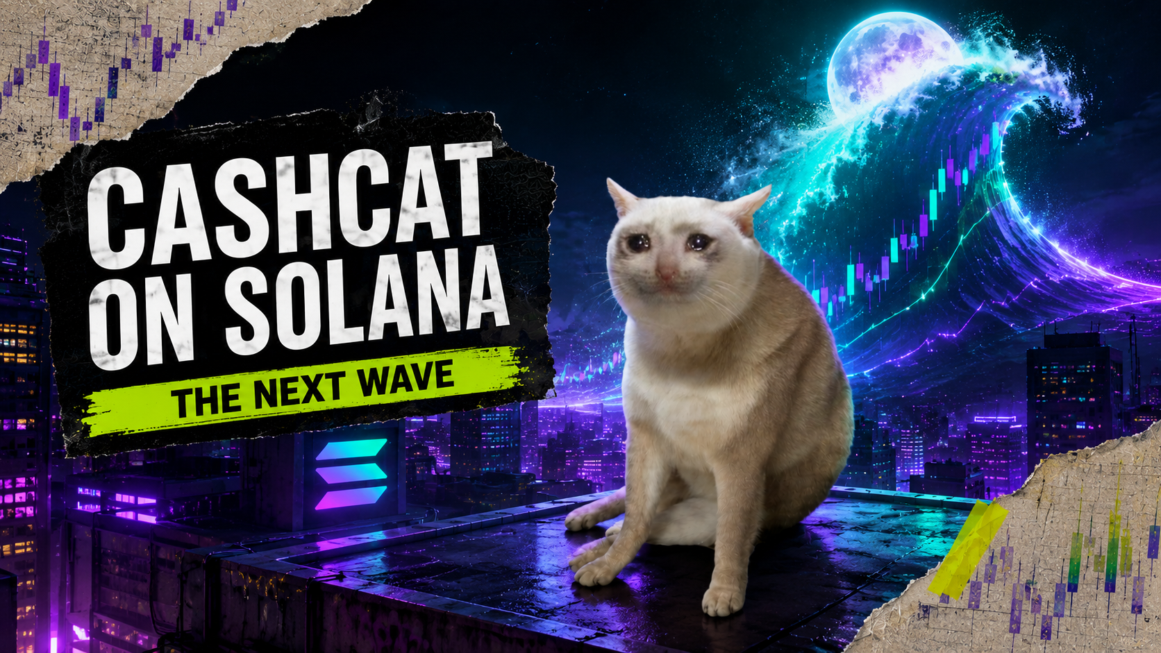 Cash Cat surfing a golden coin through a neon city